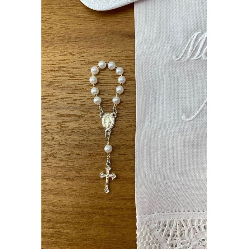 Mini Terços Pérola com Prata - para Lembrancinhas Religiosas
