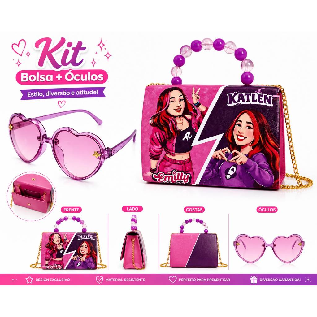 Kit Bolsa Infantil Feminina Emily & Katlen + Óculos Cores e modelos variados Tiracolo Menina Presente