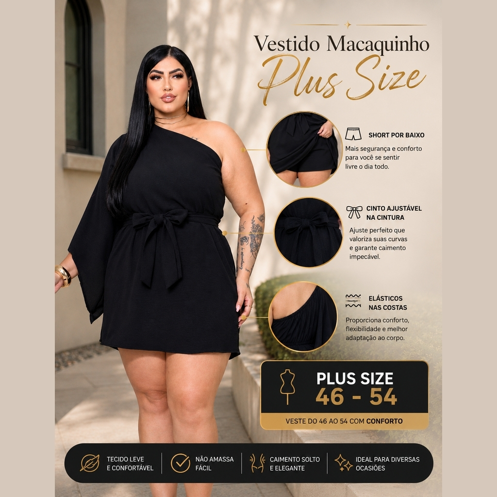 Vestido Alfaiataria Plus Size Macaquinho c/ Short Manga Única GG ao G3 — imagem 2 de 2