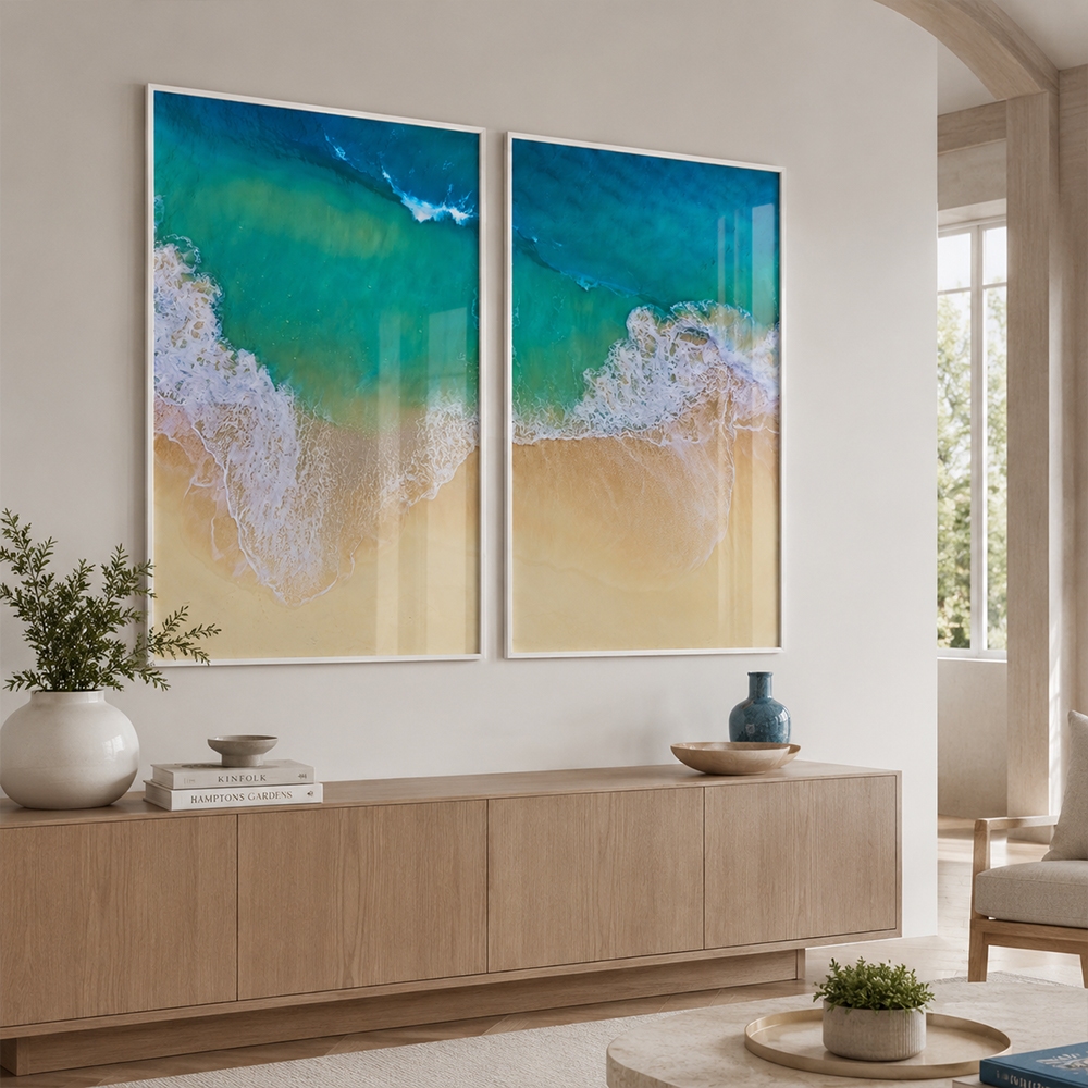 2 Quadros Decorativos Paisagem Vista Aerea Praia com Belas Ondas Com Moldura Qua