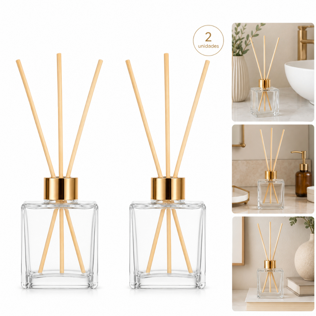Kit 2 Frascos Cubo 250ml para Difusor Aromatizador de Ambiente em Vidro Transparente 8 Varetas Lavabo Sala Decoração