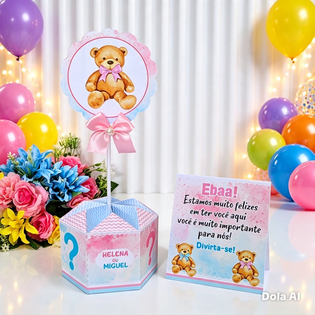 Centro de mesa Chá Revelação Ursinho Plaquinha | Arranjo de mesa  Lembrancinha | Festa Infantil