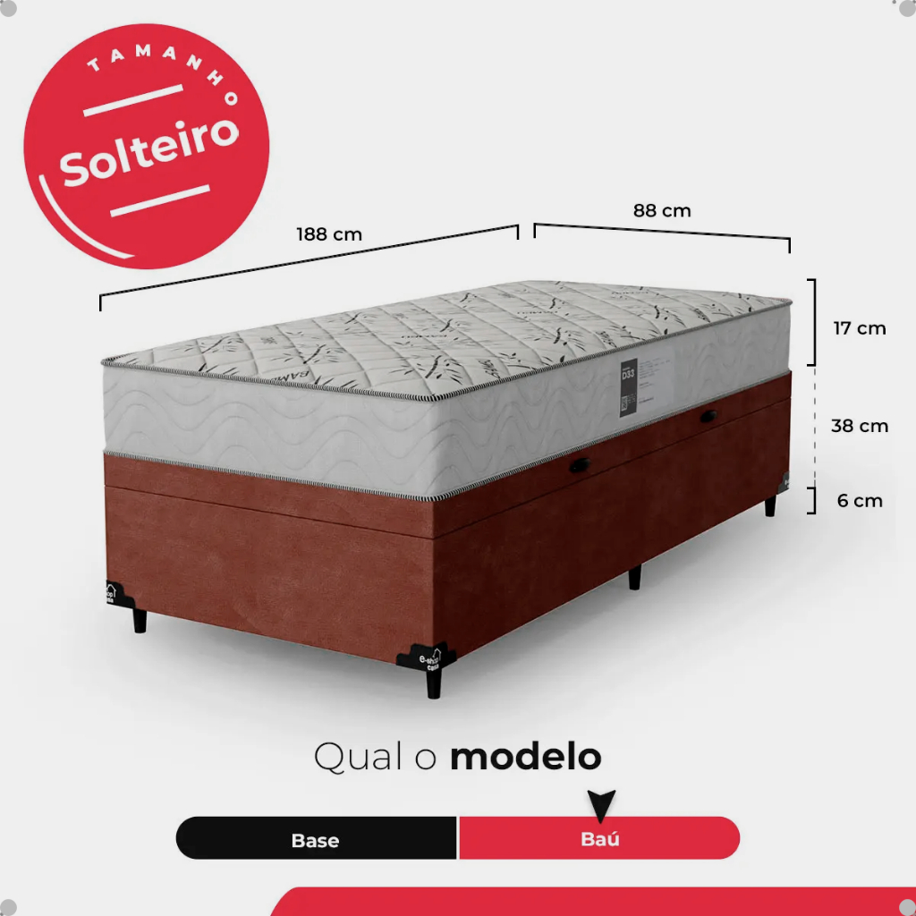 Cama Baú Solteiro Suede Marrom + Colchão D33 One Face Branco- e-Shop Casa · foto 2
