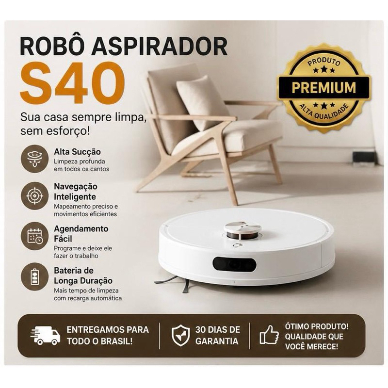 Aspirador Robô S40 Xiaomi,10000Pa Bivolt,Alexa Varre Aspira e passa Pano