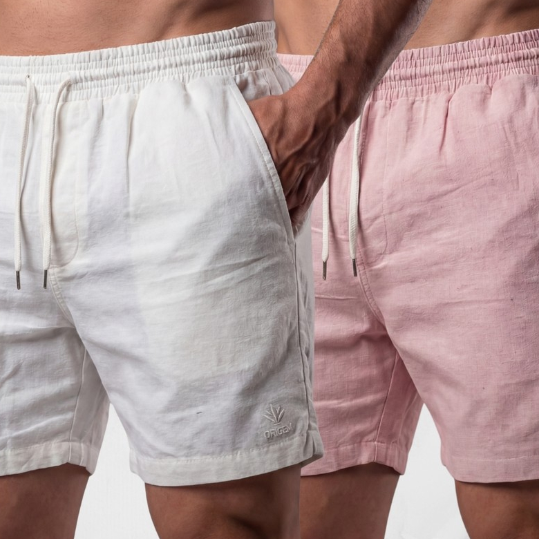 Kit 2 Bermudas Masculinas Linho Elastano Praiana Confortável Verão. Cores: Off e Rosa — Tudo pro meu dia