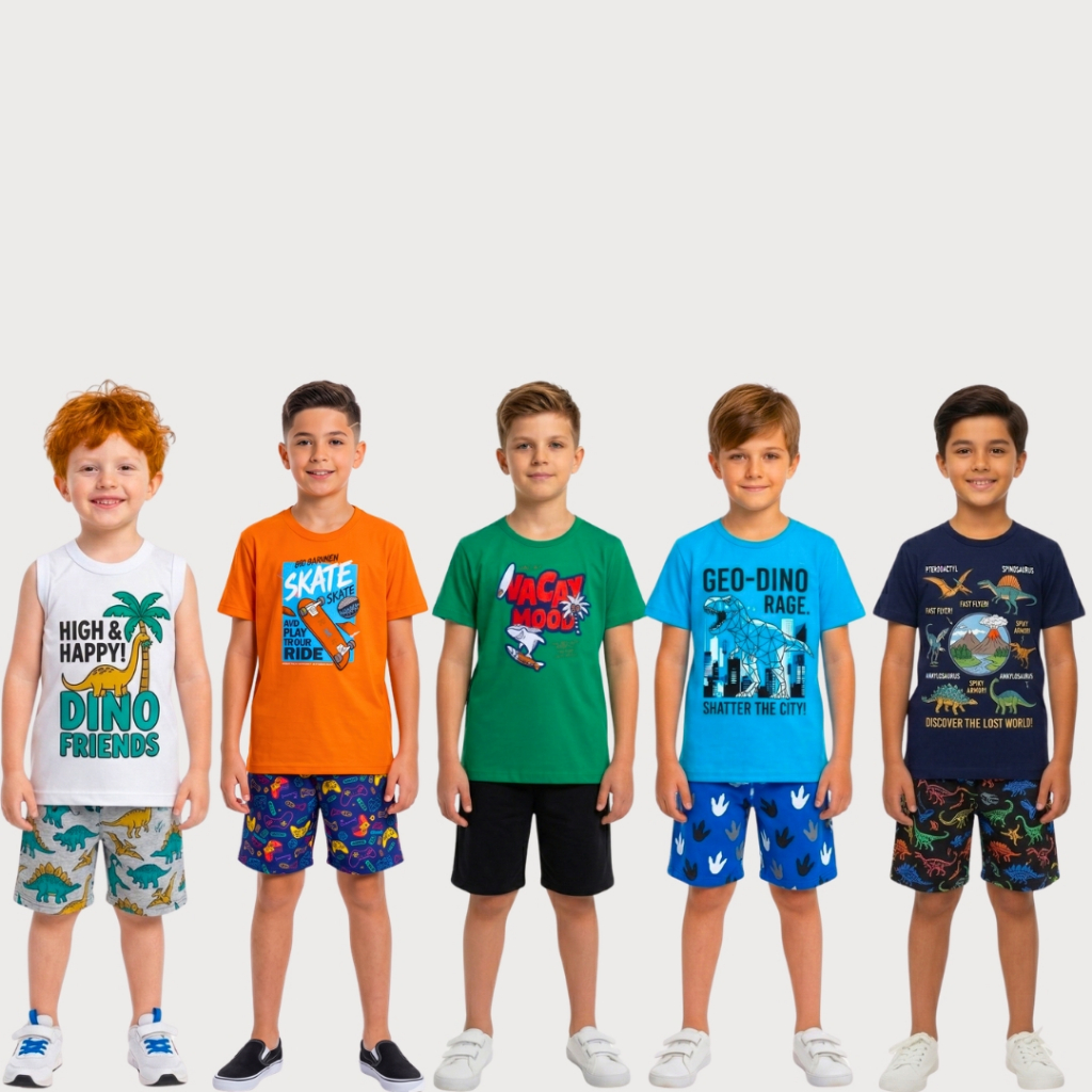 Kit 4 Conjunto Infantil Verão Menino Estiloso Em Algodão Liso e Estampado Camiseta e Bermuda 1 ao 16