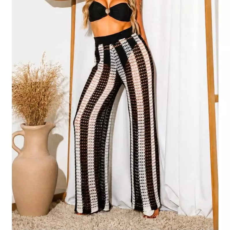Calça Saída de Praia Tricot Listra Vertical Pantalona Feminina Crochê Listrada tricô verão piscina