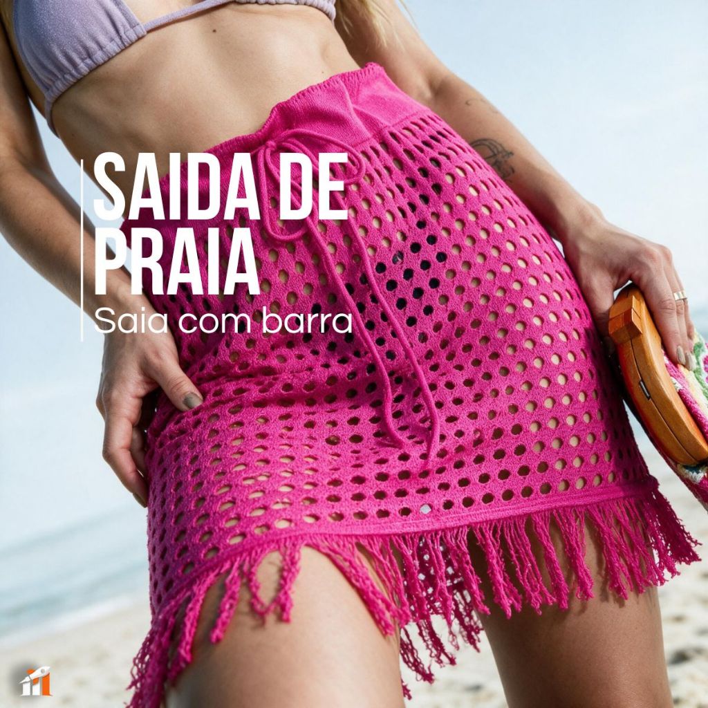 Saída de Praia Saia Curta Feminina Franja Tricot Verão Tricô