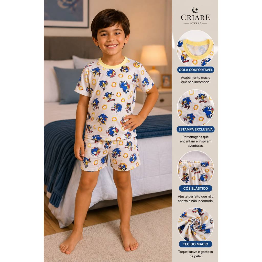Pijama Infantil  Personagem Estilo Sonic  100% Malha