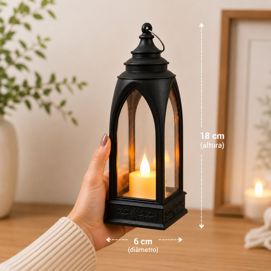 Lanterna Decorativa LED 18cm Preta – Vela Eletrônica com Efeito Chama | Decoração para Sala, Quarto e Varanda DT8108