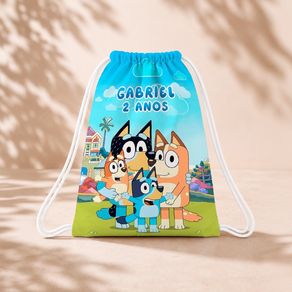 10 Mochila Personalizada Infantil 18x26 Sacolinhas Surpresa Festa Aniversário Lembrancinha Bluey e Pingo M2