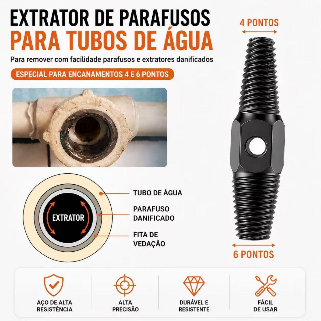 Extrator de Rosca Quebrada para Torneira Cano Chuveiro em Aço Carbono Resistente com Alavanca