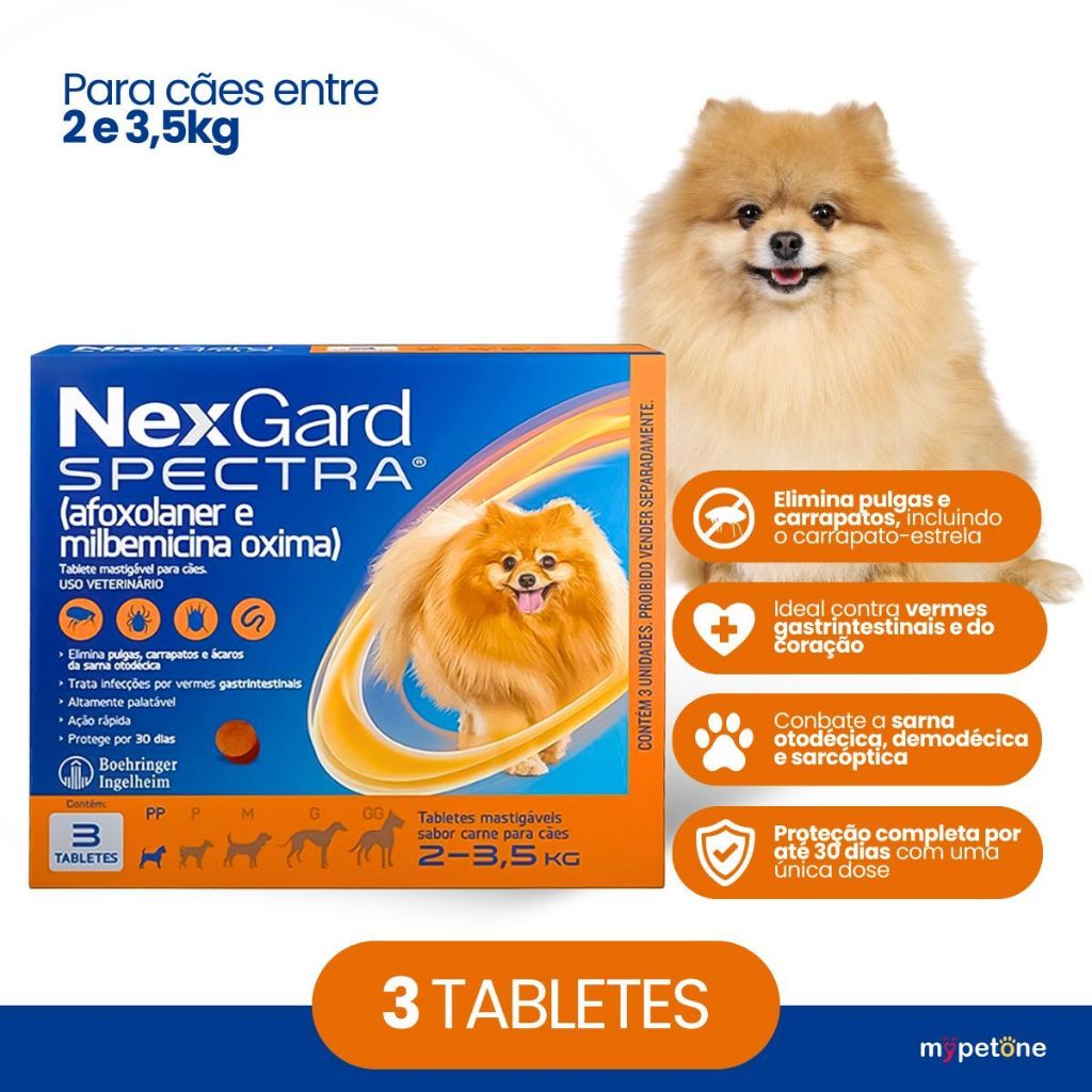 NexGard Spectra para Cães 2 a 3,5kg Antipulgas e Carrapatos - 3 Tabletes