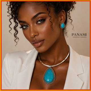 Conjunto brinco e colar aro choker com pedra resinada azul turquesa