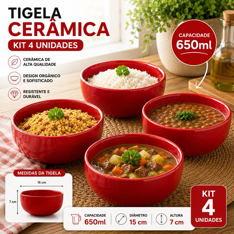 Kit 4 Tigela Cambuca Bowl Grande Colors Cerâmica 650ml Sopas Caldo 7x15cm Compota Ceramica Grande