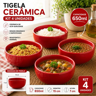 Kit 4 Tigela Cambuca Bowl Grande Colors Cerâmica 650ml Sopas Caldo 7x15cm Compota Ceramica Grande