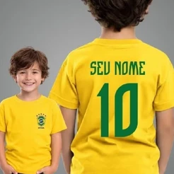 Camiseta adulto e infantil personalizada nome e número futebol brasil copa 100% algodão