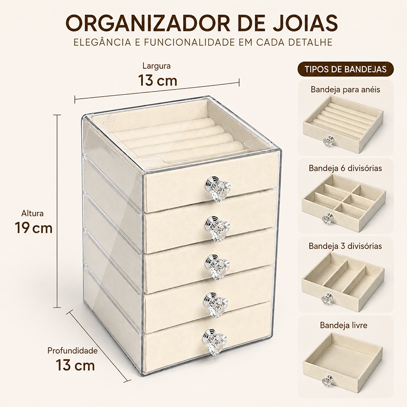 Organizador de Joias 5 Gavetas em Acrílico com Forro Veludo – Protege Anéis, Brincos e Colares.