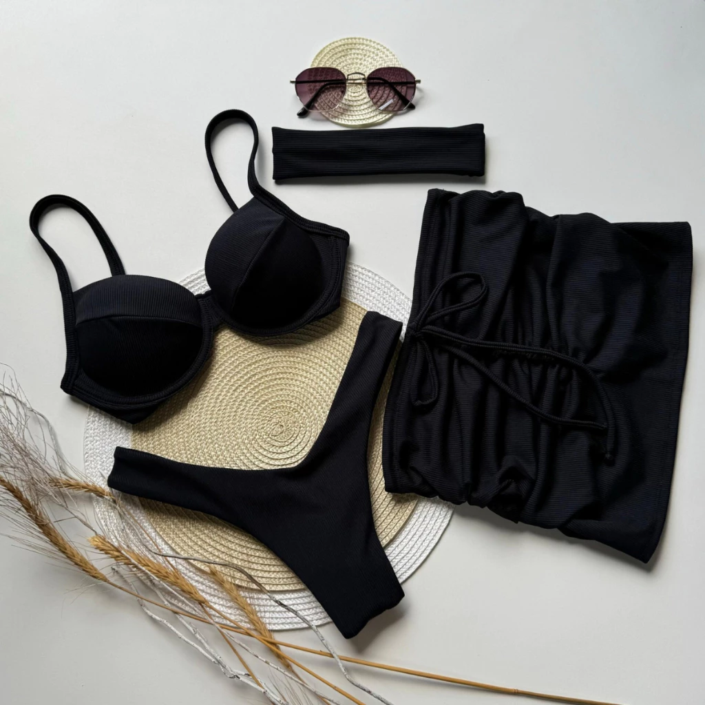 Biquíni meia taça com bojo removivel e calcinha Asa Delta Levanta Bum Bum Saia e Faixa Conjunto Kit — imagem 1