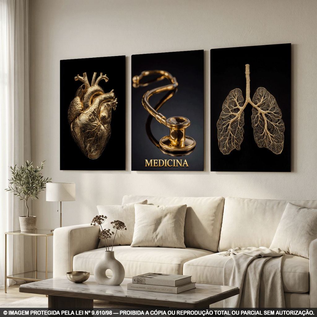 Kit 3 Quadros Decorativos Medicina – Coração, Estetoscópio e Pulmões em Preto e Dourado para Consultório, Clínica