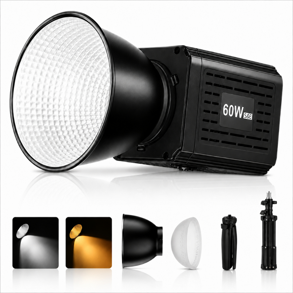 Kit Cob LED 60W Com Bateria Luz de Vídeo Pro + Tripé 1,80m + Tripé Pequeno + Difusor Dimerizável Iluminação Profissional