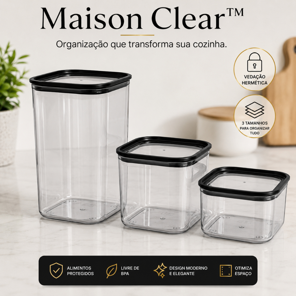 Kit 3 Potes Herméticos Plástico Transparente Organizador de Cozinha Mantimentos