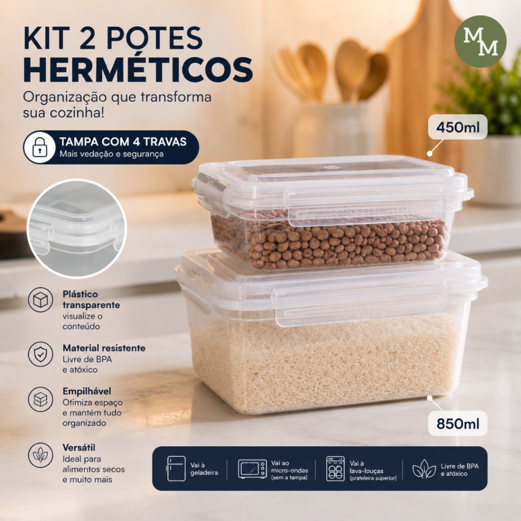 Kit Pote 450+850ml Hermético Transparente com Travas | Organizador para Mantimentos e Alimentos