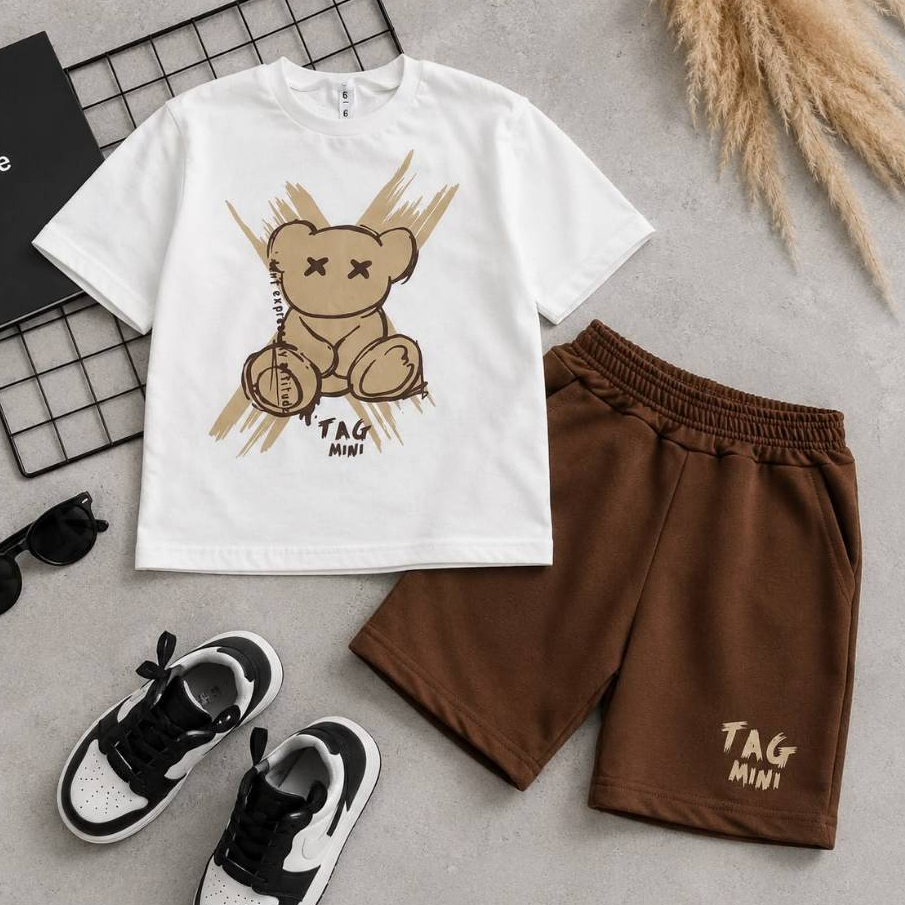 Conjunto Masculino Infantil Camisa de Algodão com shorts de moletinho Urso Estiloso Casual para o verão