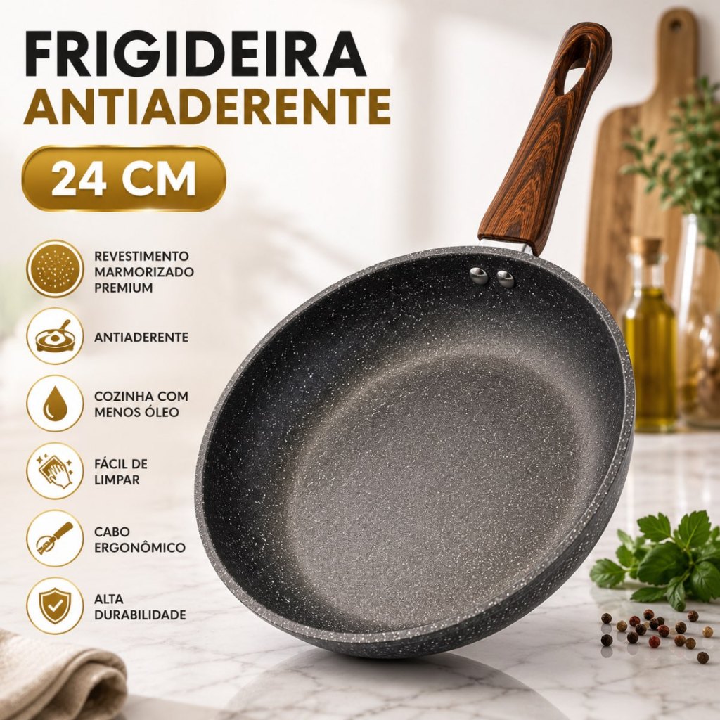 Frigideira Antiaderente 24cm Indução e Gás Frita Sem Óleo Revestimento Cerâmico Não Gruda