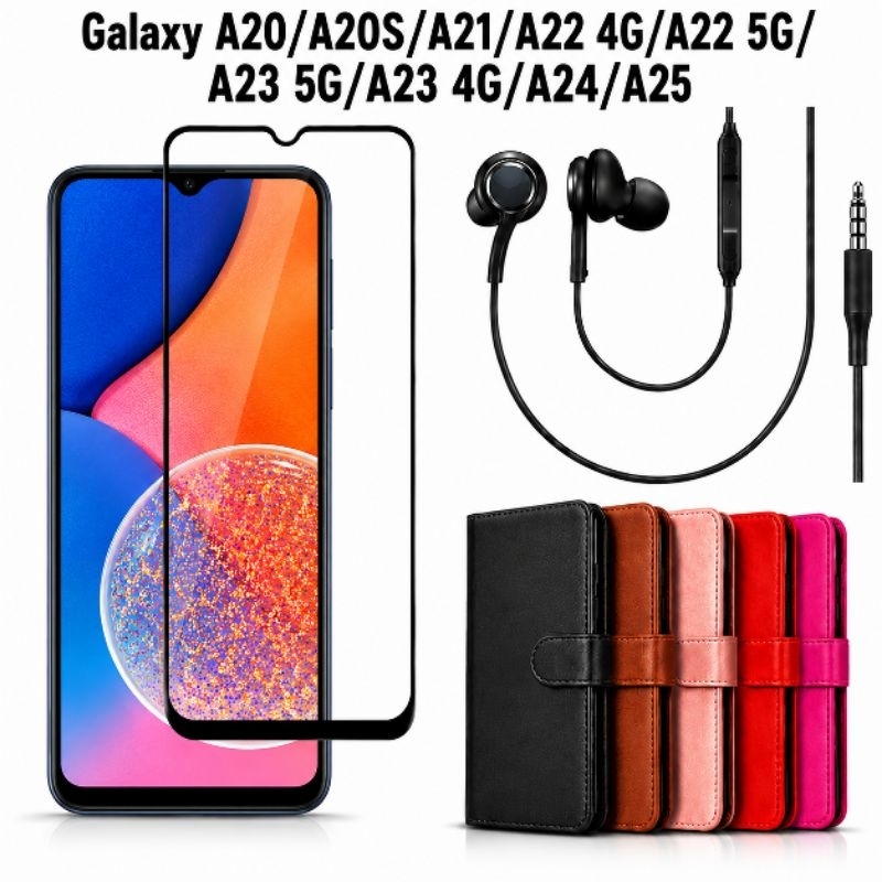Kit Capinha carteira + película + fone de ouvido para Samsung Galaxy A20/A20S/A21/A22 4G/A22 5G/A23 5G/A23 4G/A24/A25