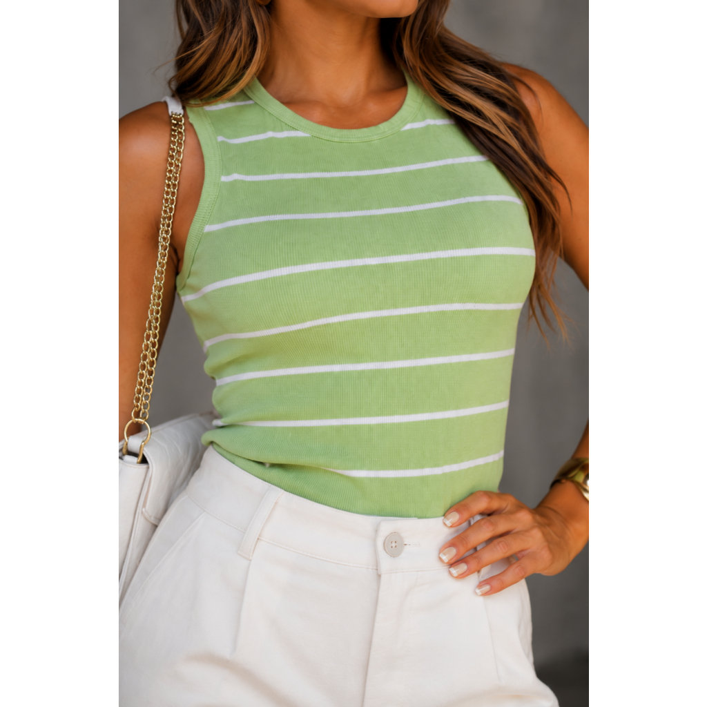 Regata Feminina Canelada Listrada Moda Elegante Confortável Verão Gola Redonda Básica Casual Tendencia Social Com Listra