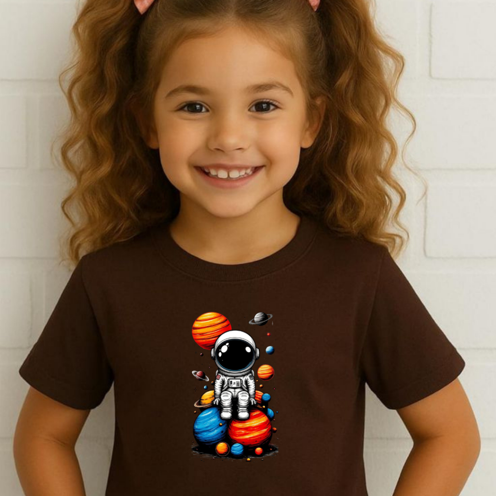 Camiseta Unissex Infantil Camisa Estampada Astronauta Lua Colorida Tecido Premium 100% Algodão