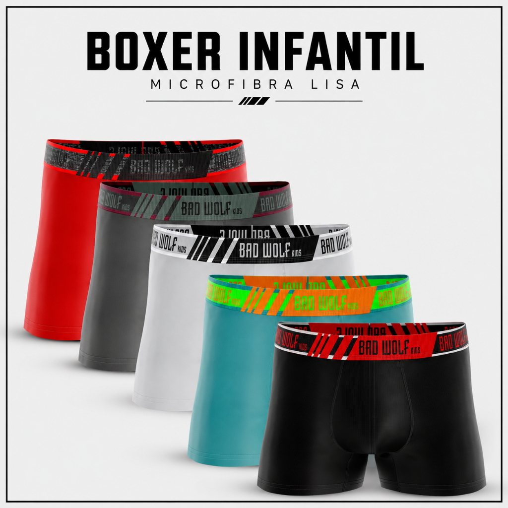 Kit Cueca Boxer Infantil Microfibra Lisa – 2, 3, 5 ou 10 Unidades