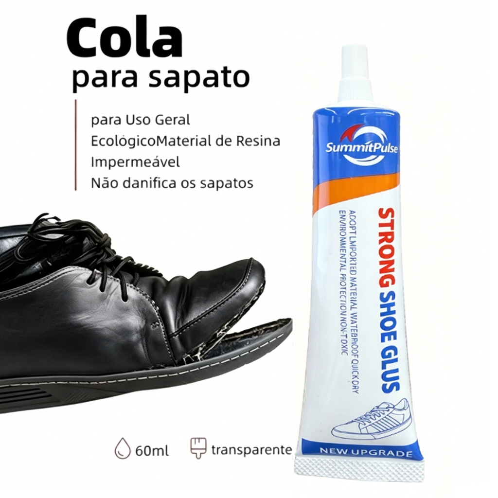 Cola transparente,forte e inodora para reparo de calçados, 60ml. Indicada para solas, saltos e consertos de bolsas/malas