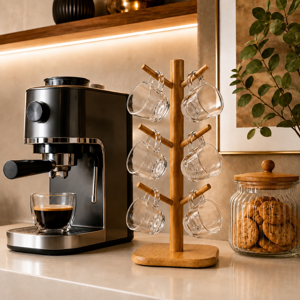 Suporte Porta Xicaras Bambu Madeira Pendurar Caneca Copo Cafe Cha Organizador Xicara Promoção
