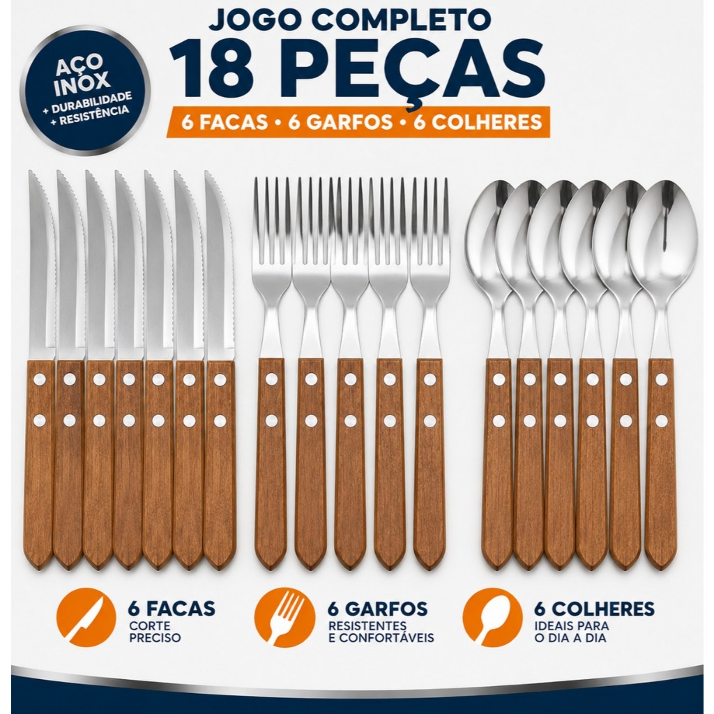 Kit Talheres 18 Peças Aço Inox Cabo de Madeira Faca Garfo Colher