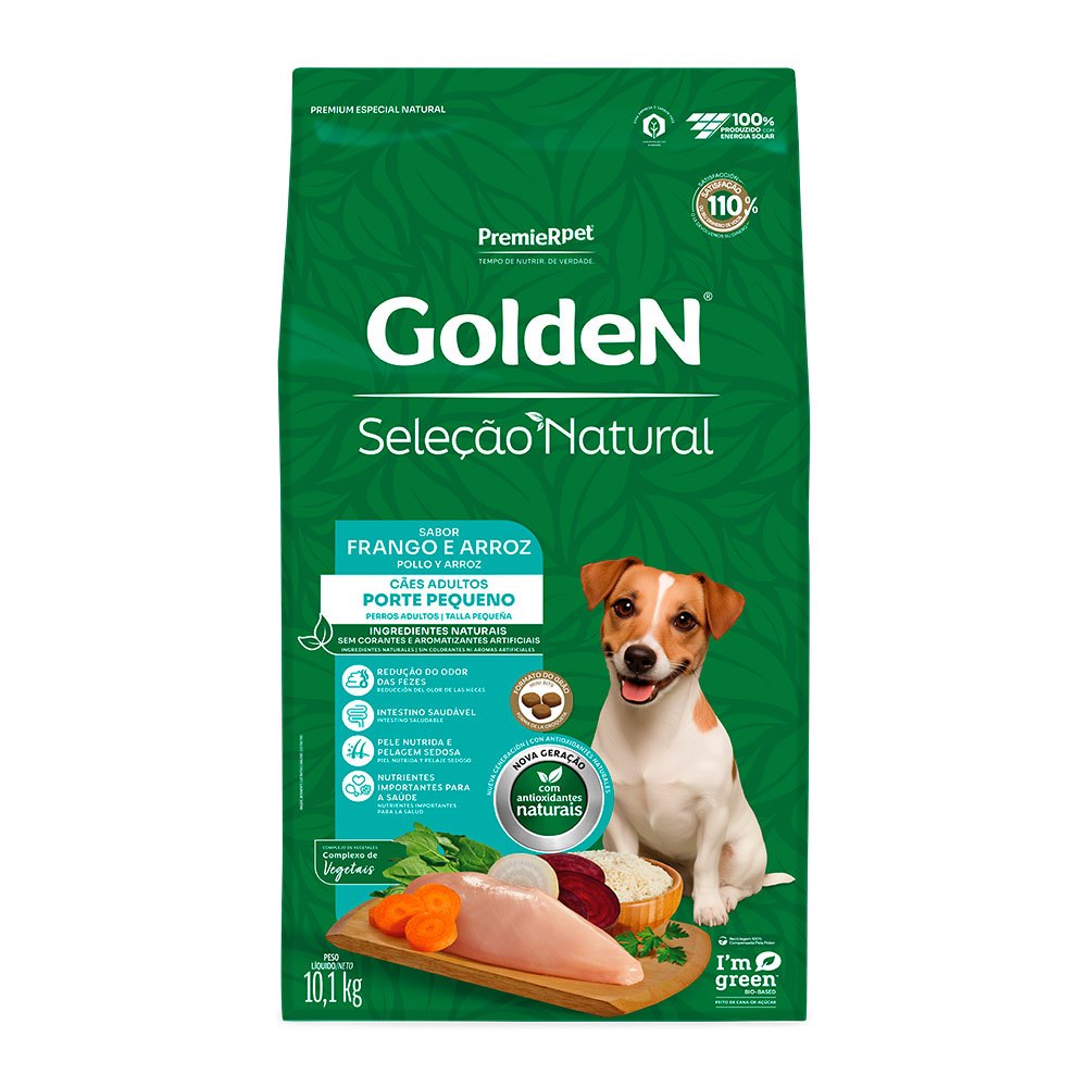 Ração Golden Seleção Natural Mini Bits Cães Adultos Porte Pequeno Frango e Arroz 10,1kg