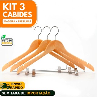 Kit Cabide Com Presilha 03 Peças de Madeira Reforçado para Roupas e Casacos