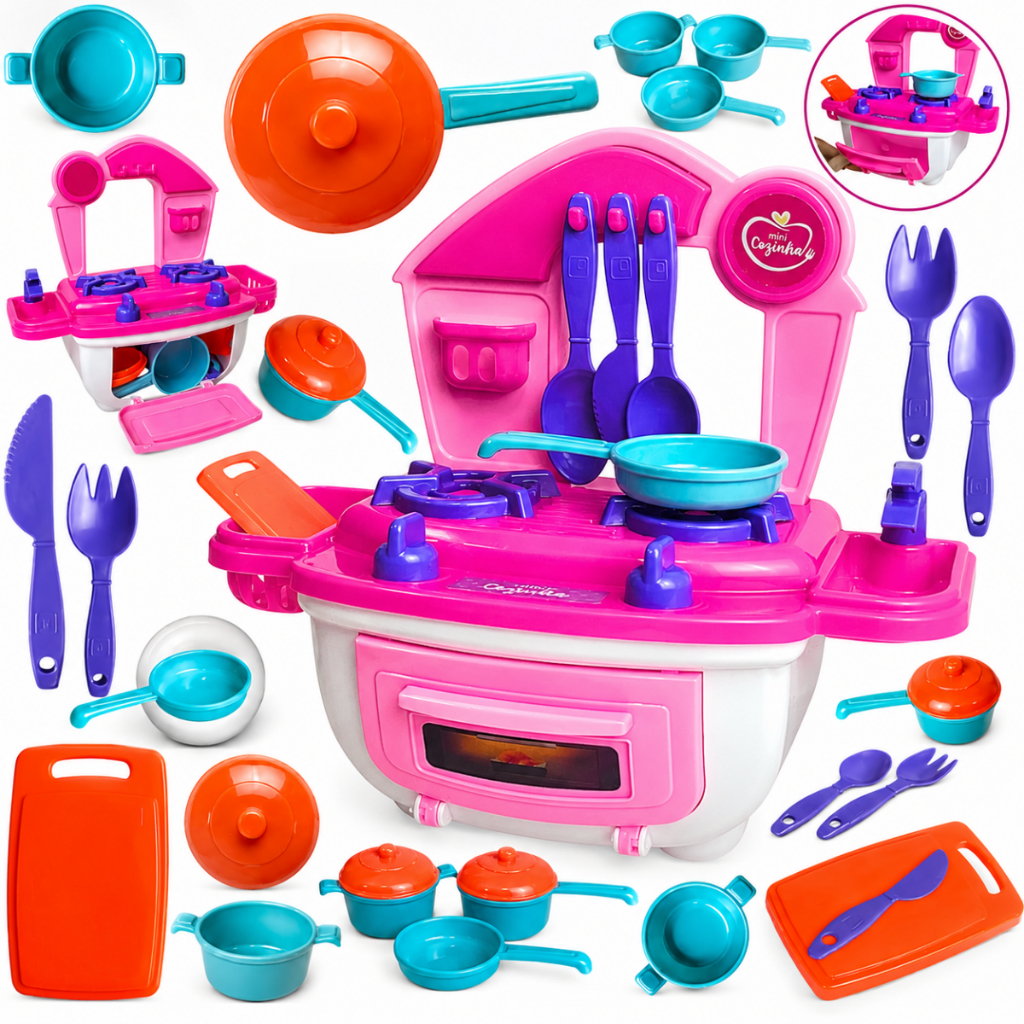 Kit Cozinha Infantil de Brinquedo 10 pçs Faz de Conta Fogão Panelinhas Acessórios