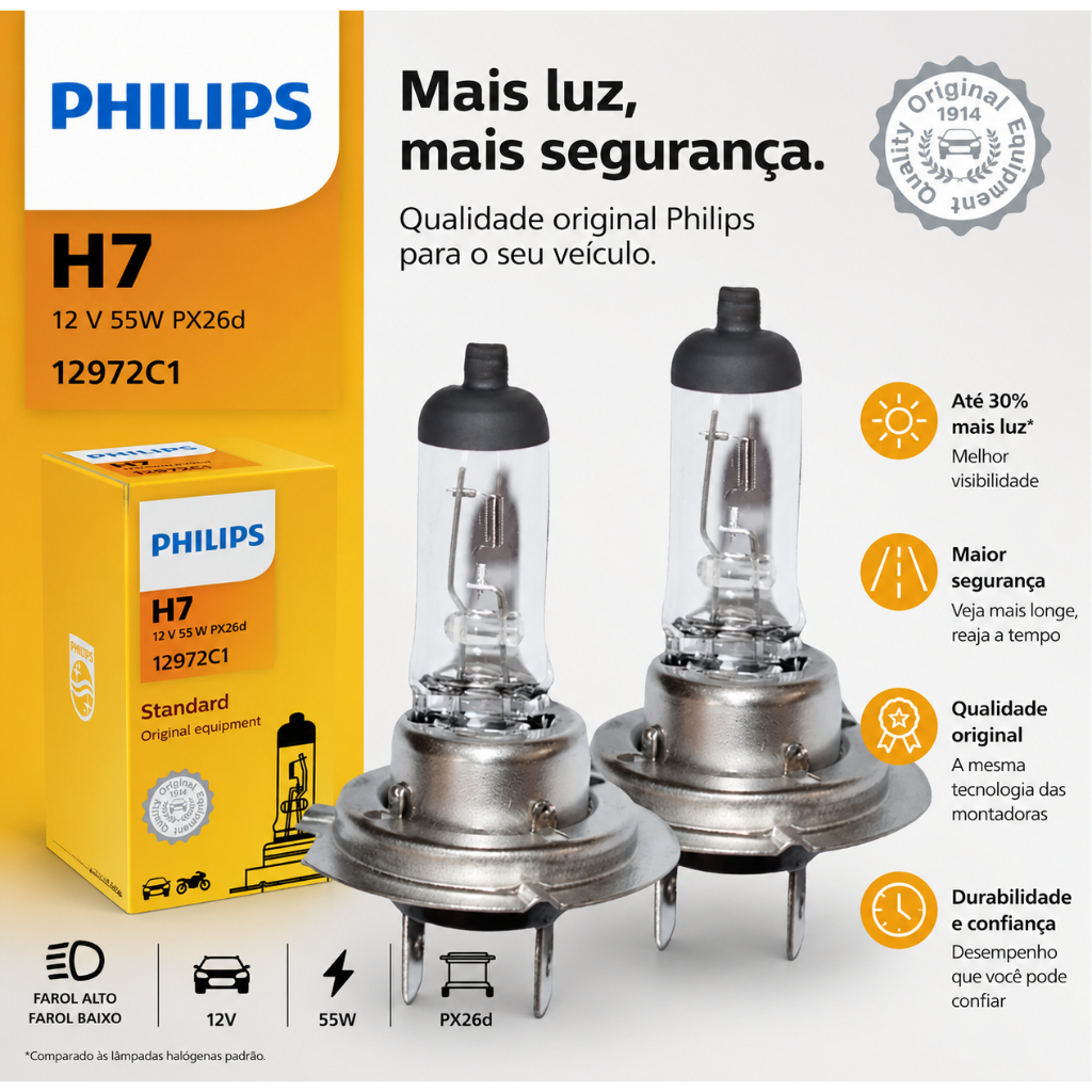 Par Lâmpadas H7 Philips Original 12V 55W Farol Alto Baixo