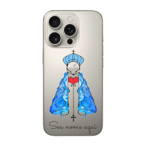 Capinha para iPhone 16 Pro Anti Impacto Personalizada - Nossa senhora azul fundo transparente e nome