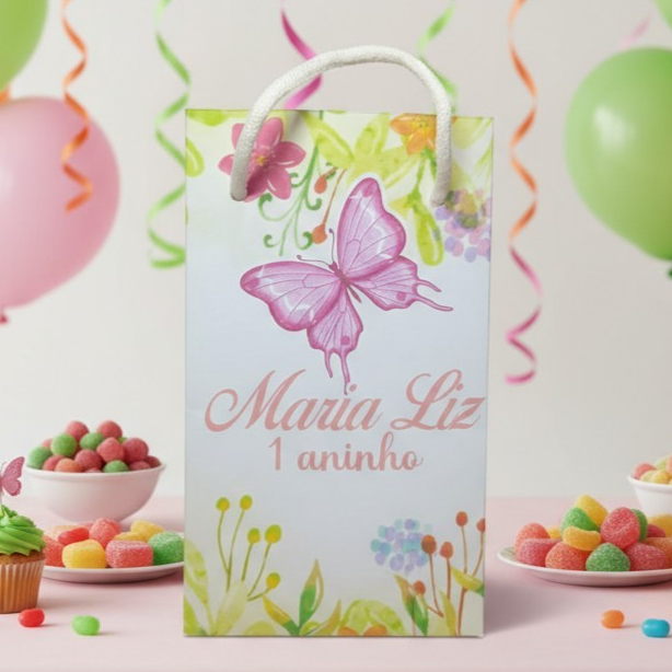 Sacolinha (P) Personalizada Lembrancinha Jardim das Borboletas.