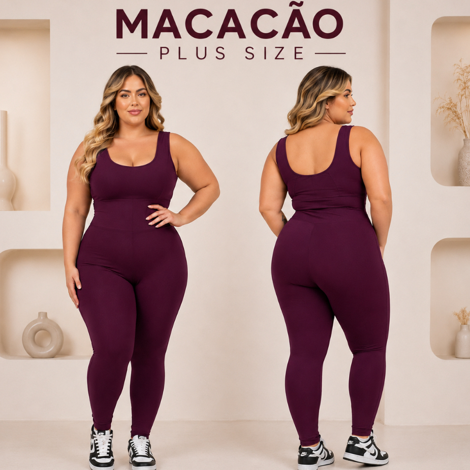 Macacão Feminino Plus Size Forro Duplo Longo Calça Fitness Confortável Zero Transparência Roupa Academia
