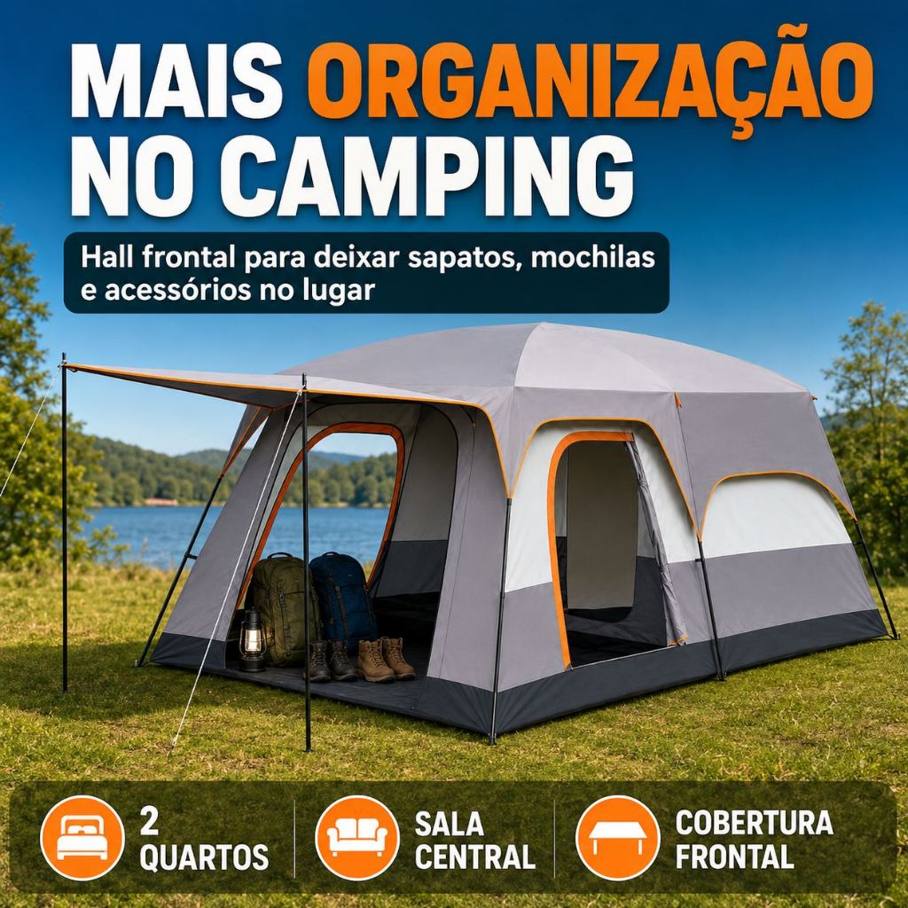 Barraca Familiar Grande 8–12 Pessoas com 2 Quartos, Sala, Hall Frontal e Espaço Extra para Organizar Equipamentos ZP