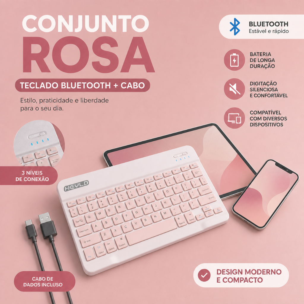 KIT Teclado e Mouse Wireless Bluetooth Portátil Keyboard Sem Fio Android/ios-ipad Recarregável Compatível-HY-5030/HY-030