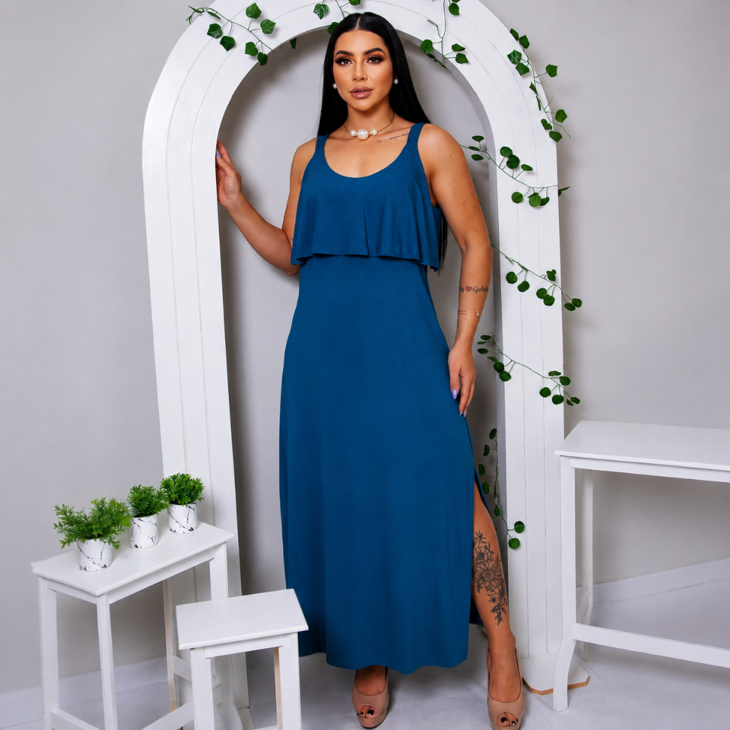 Vestido Feminino Longo De Alça Larga Com Babado Fendas nas Laterais Premium
