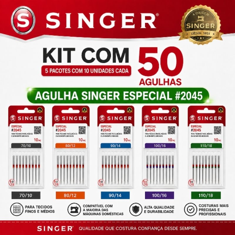 Kit Completo Agulha Singer Especial #2045 Original | 50 Agulhas para Máquina de Costura Doméstica