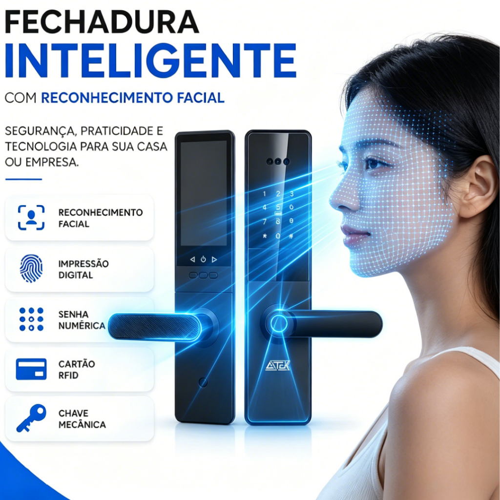 Fechadura Digital Inteligente 6 em 1 Reconhecimento Facial Palma da Mão WiFi APP Remoto Anatel AITEK