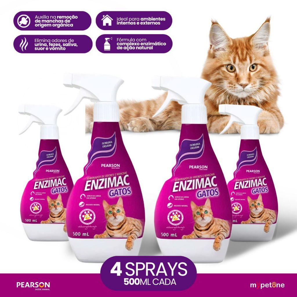 Kit 4 Eliminador de Odores e Manchas Pearson Enzimac Spray para Gatos - 500 mL