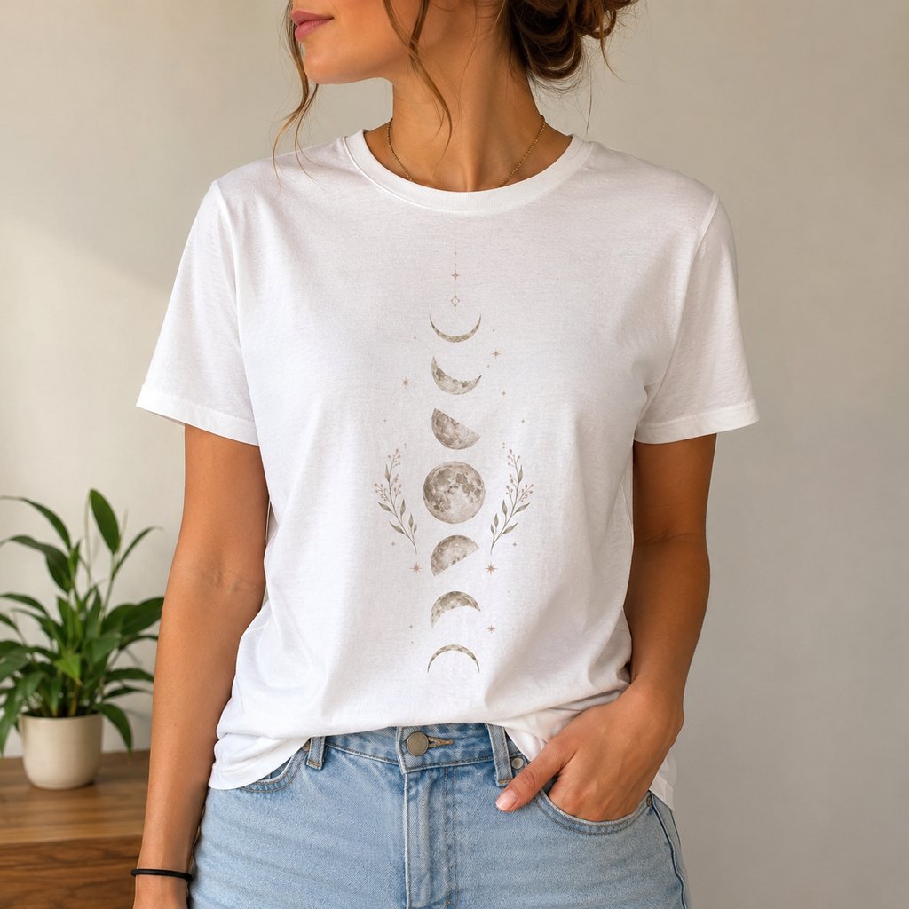 Camiseta Feminina Estampada Fases da Lua DTF Premium Blusa Feminina Casual Confortável Moderna